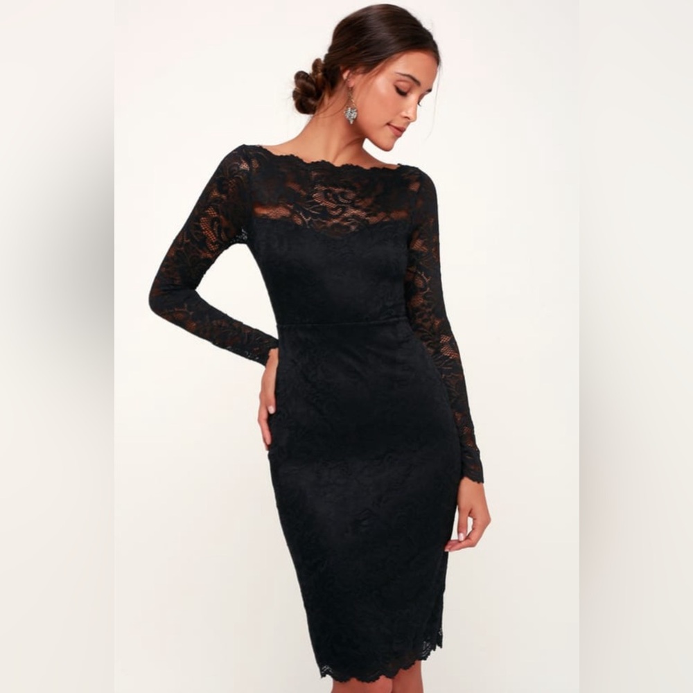 NWT Lulu’s Margalo Black Lace Long Sleeve Bodycon Dress Cocktail LBD - Size Med